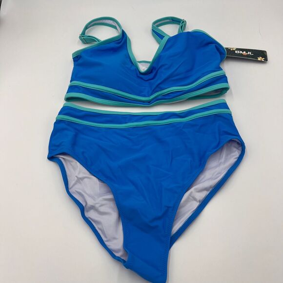 BMJL Two-Piece Swimsuit Blue Turquoise Trim Halter Top High‎ Waist Bottom M NWT - Picture 3 of 7